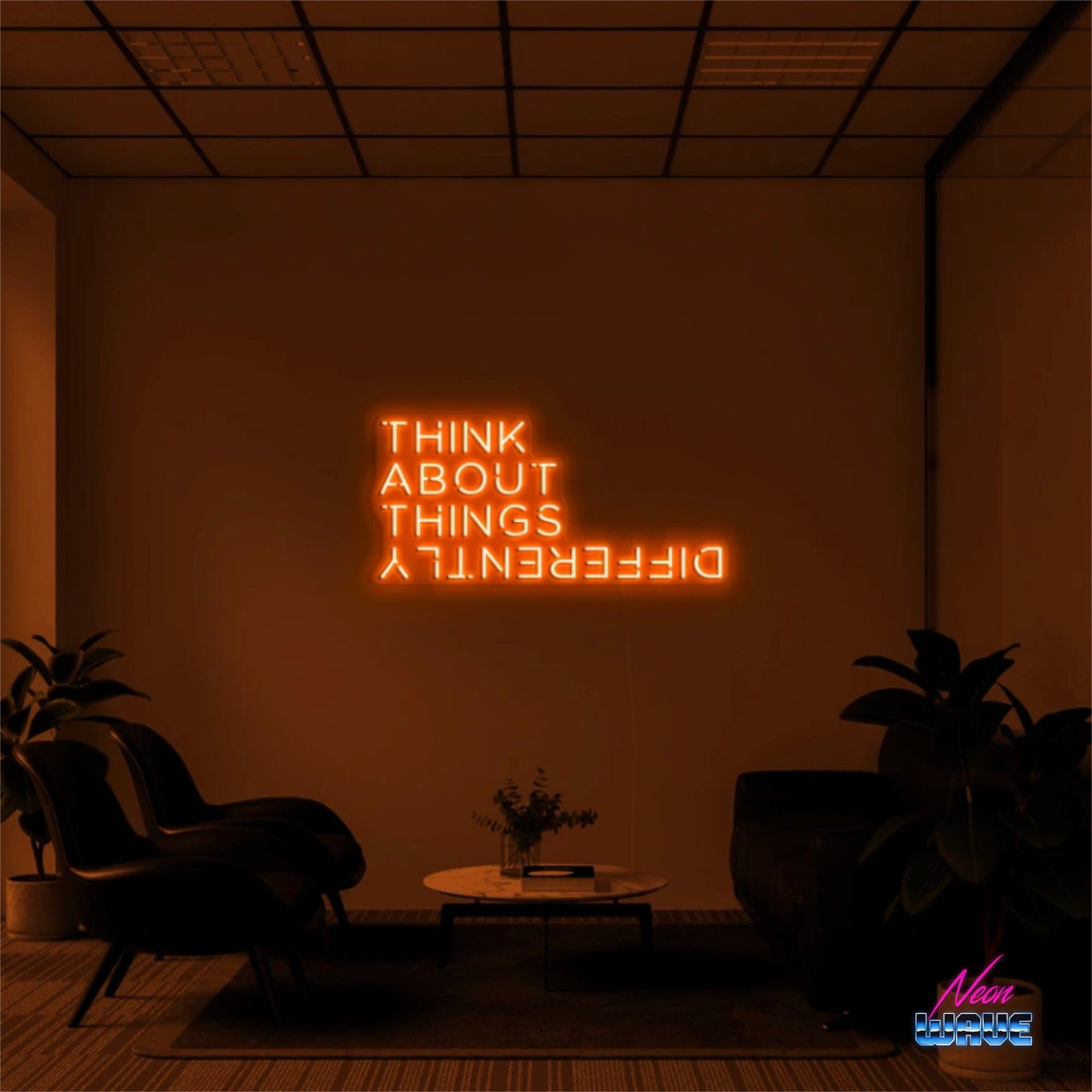 THINK ABOUT THINGS DIFFERENTLY Neon Sign Neonwave.ch 75cm Orange