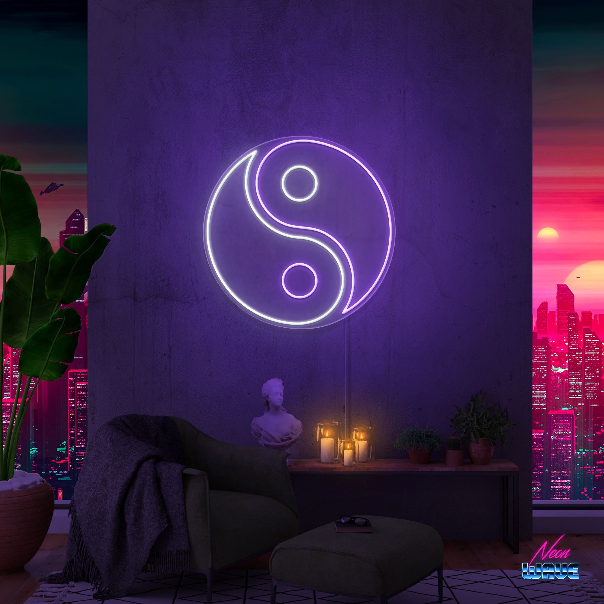 Yin und Yang Neon Sign Neonwave.ch 100 cm Lila und Kaltweiss
