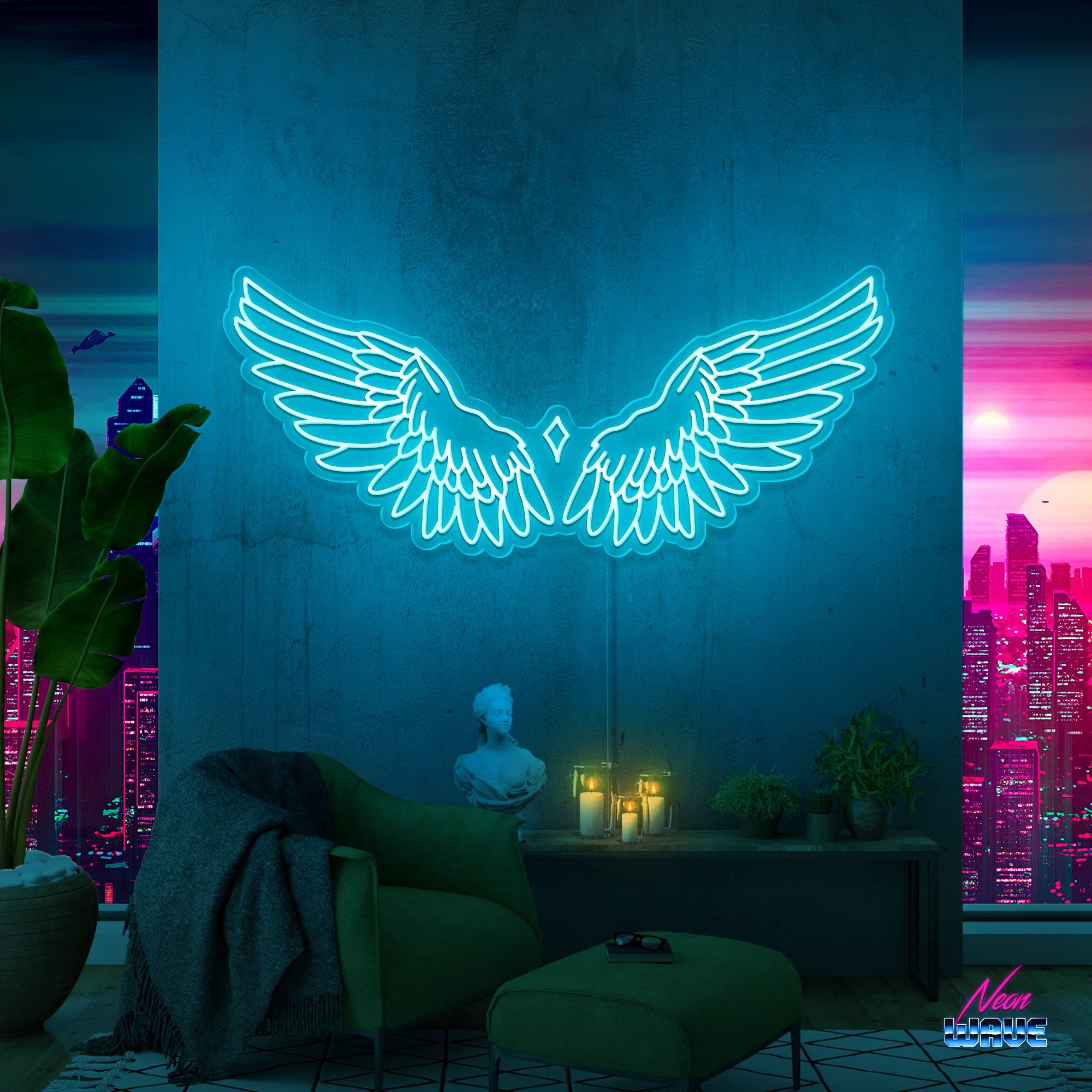 Wings Neon Sign Neonwave.ch 100 cm Hellblau