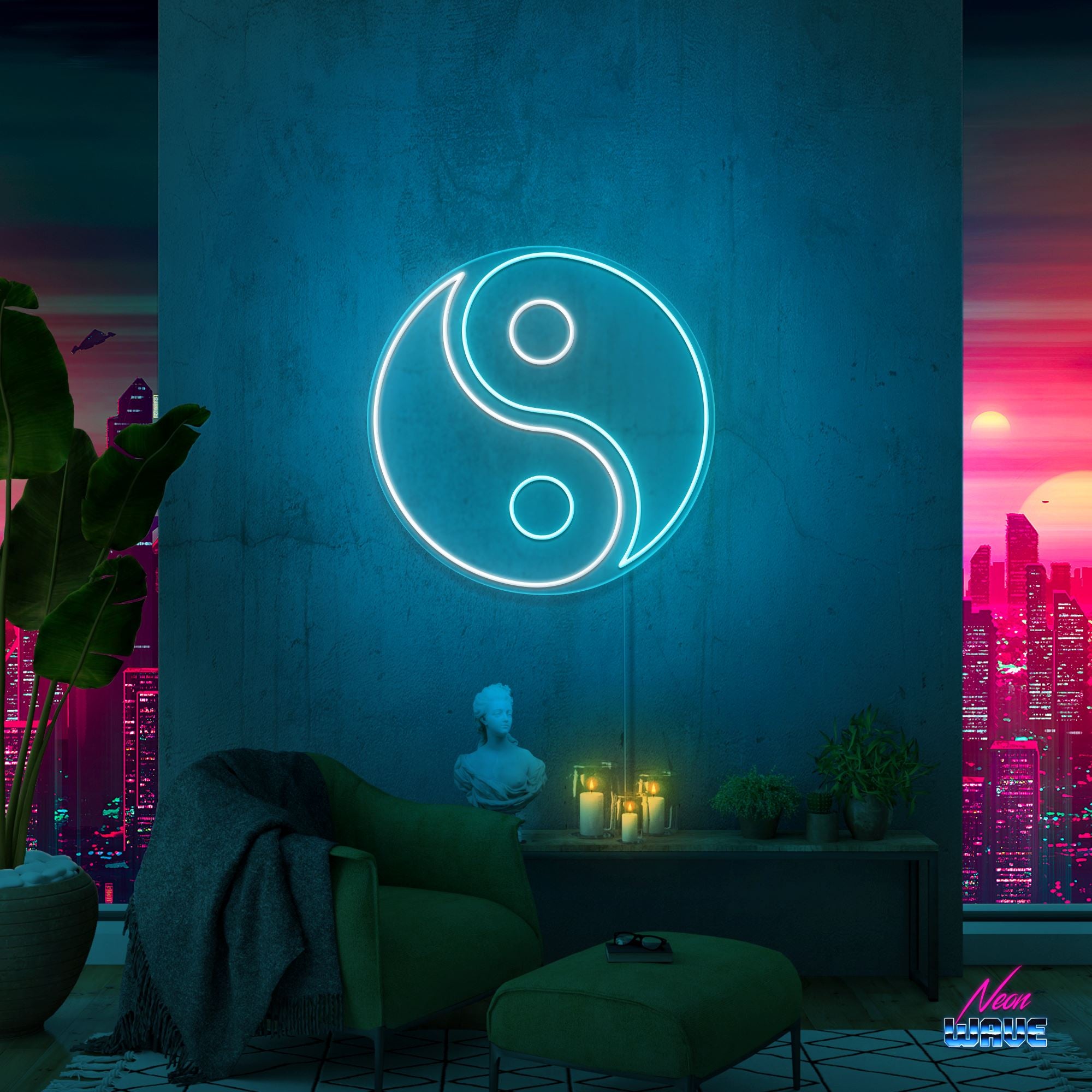 Yin und Yang Neon Sign Neonwave.ch 100 cm Hellblau und Kaltweiss 