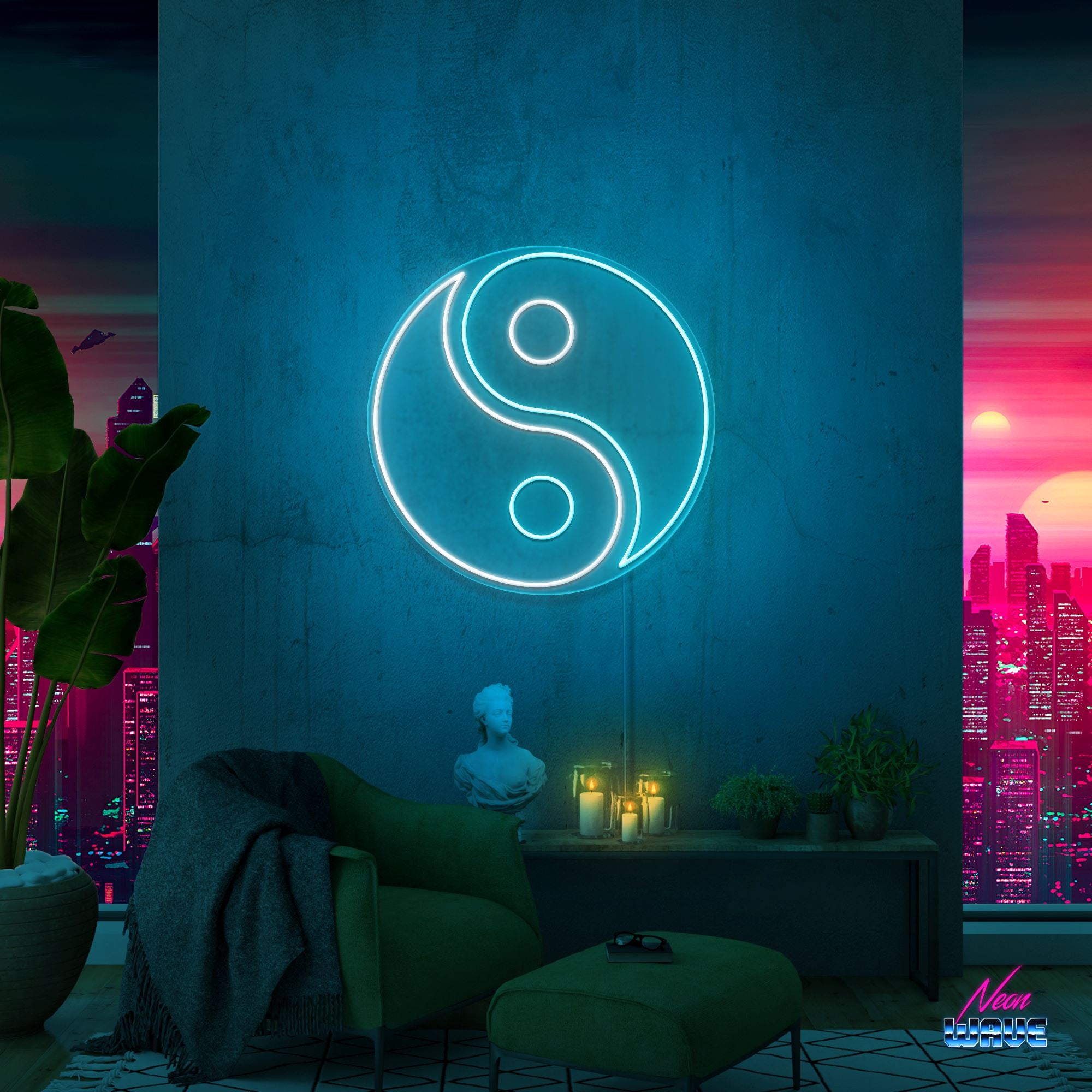 Yin und Yang Neon Sign Neonwave.ch 100 cm Hellblau und Kaltweiss