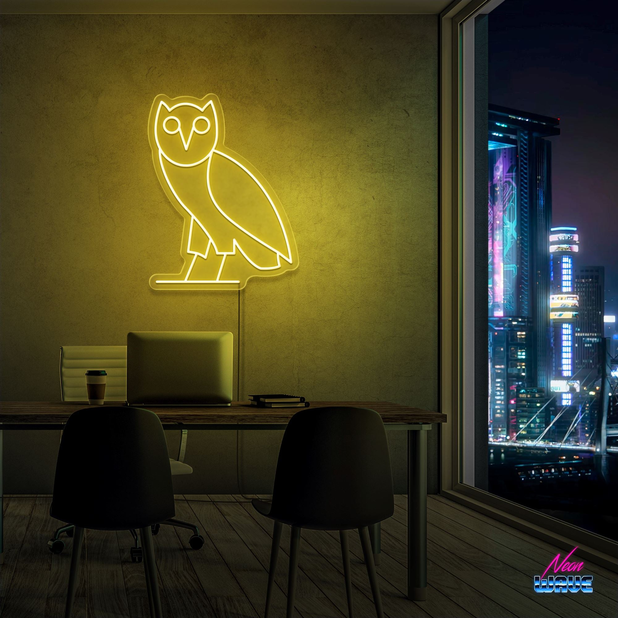 Ovo Owl by "Drake" Neon Sign Neonwave.ch 50cm Gelb
