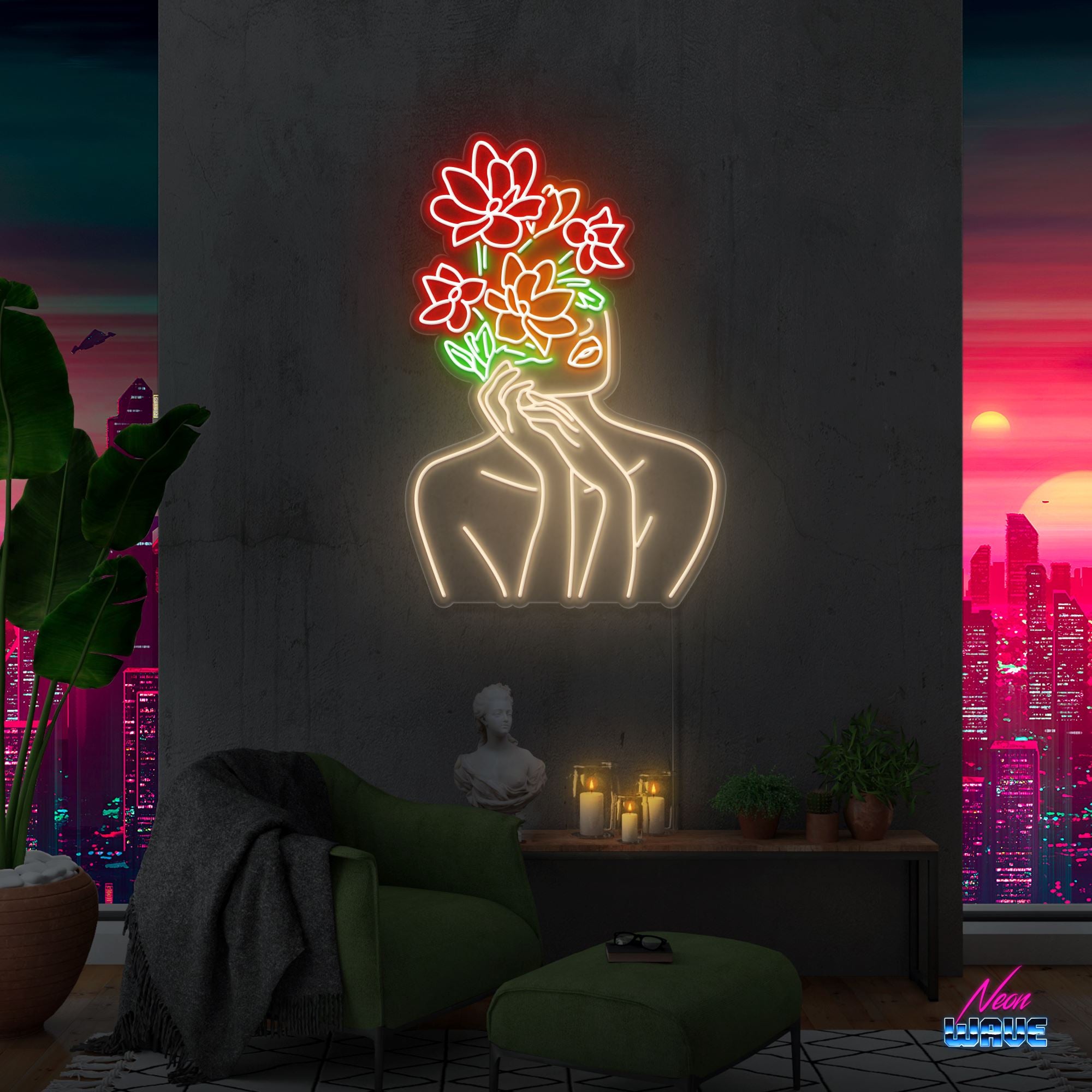 Head Of Flowers Neon Sign Neonwave.ch 100 cm Rot Orange Grün Warmweiss 