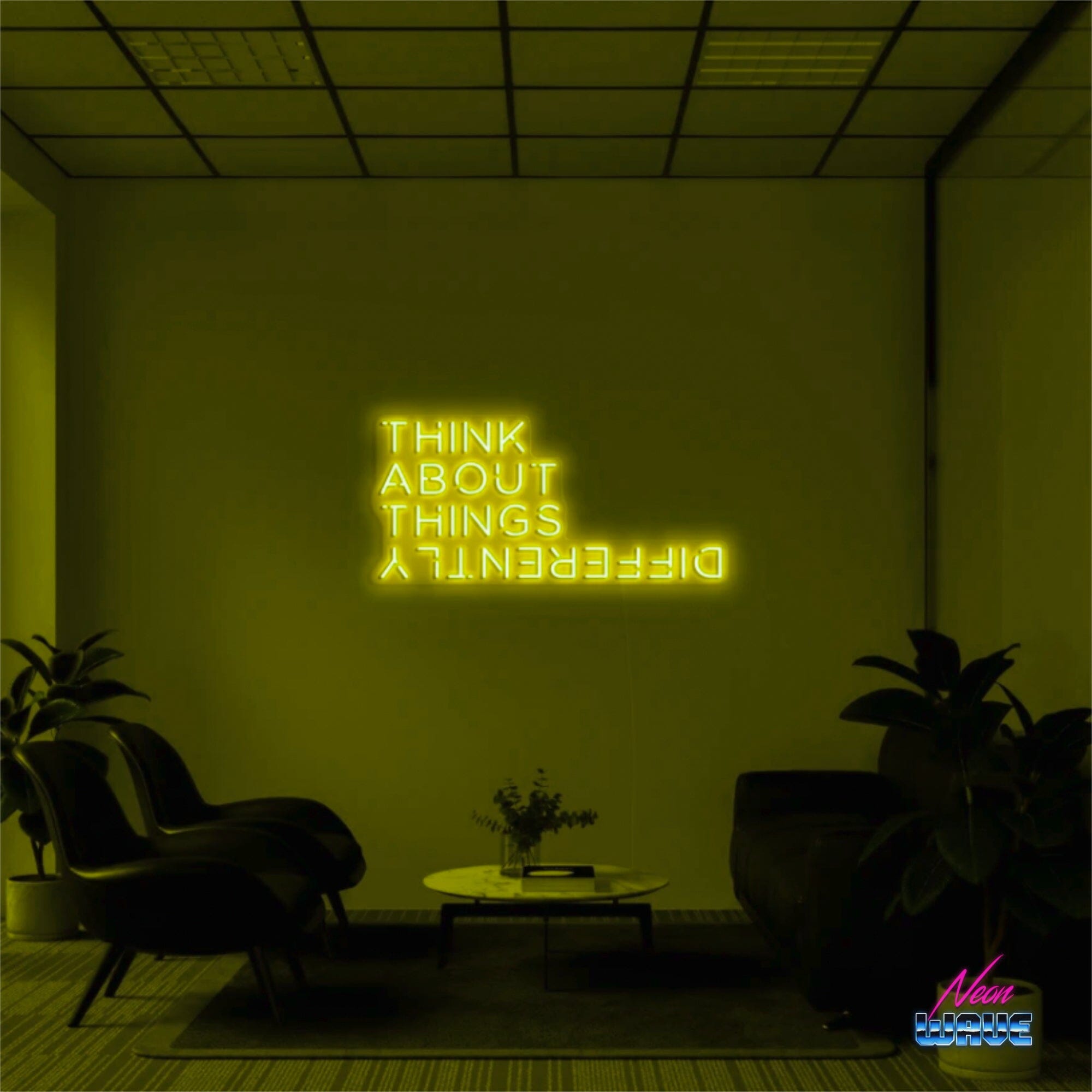 THINK ABOUT THINGS DIFFERENTLY Neon Sign Neonwave.ch 75cm Gelb 