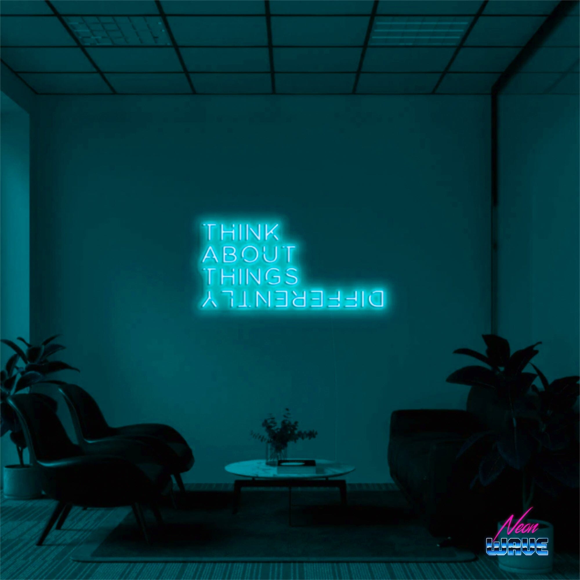 THINK ABOUT THINGS DIFFERENTLY Neon Sign Neonwave.ch 75cm Hellblau 
