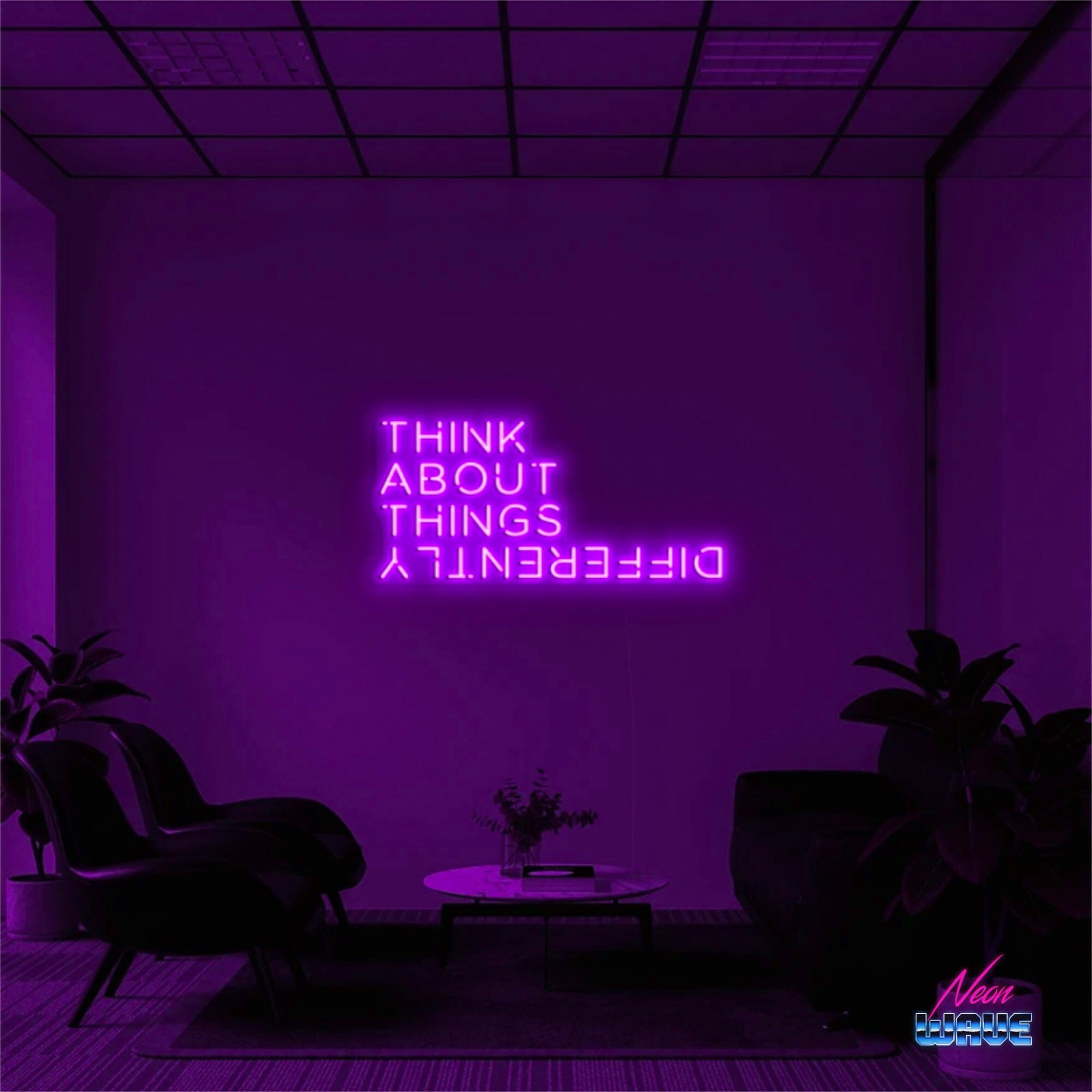 THINK ABOUT THINGS DIFFERENTLY Neon Sign Neonwave.ch 75cm Lila 