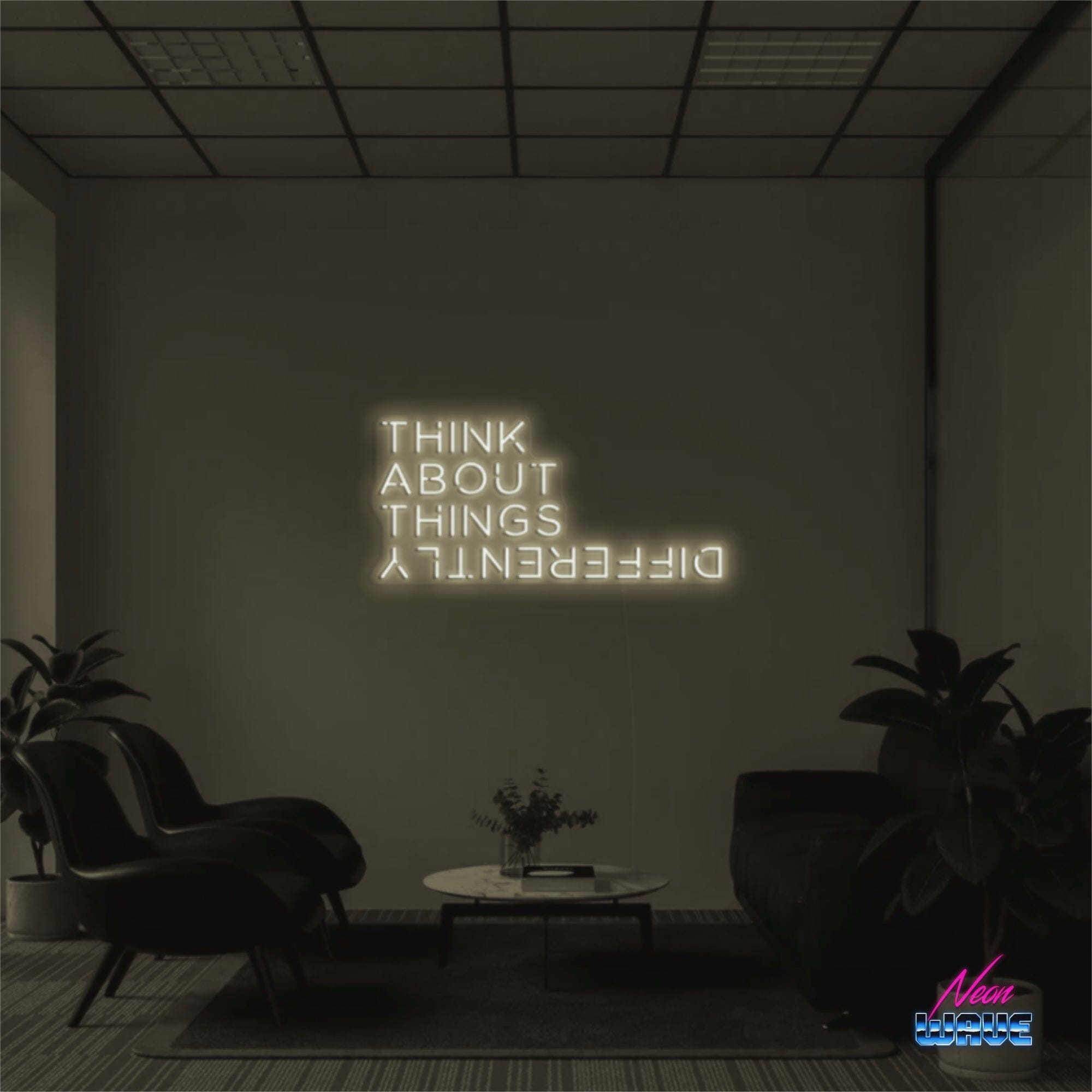 THINK ABOUT THINGS DIFFERENTLY Neon Sign Neonwave.ch 75cm Warmweiss 