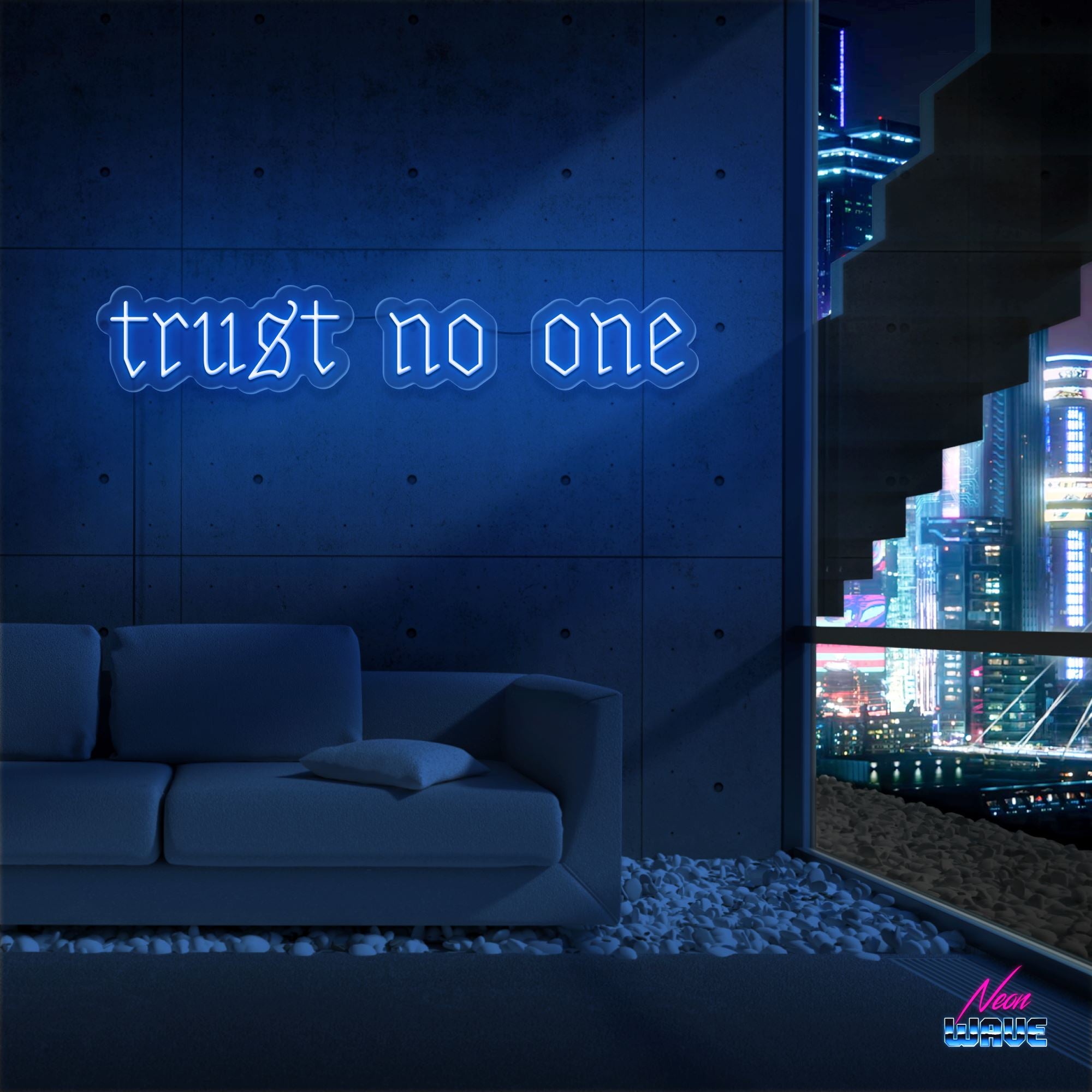 trust no one Neon Sign Neonwave.ch 50cm Blau 