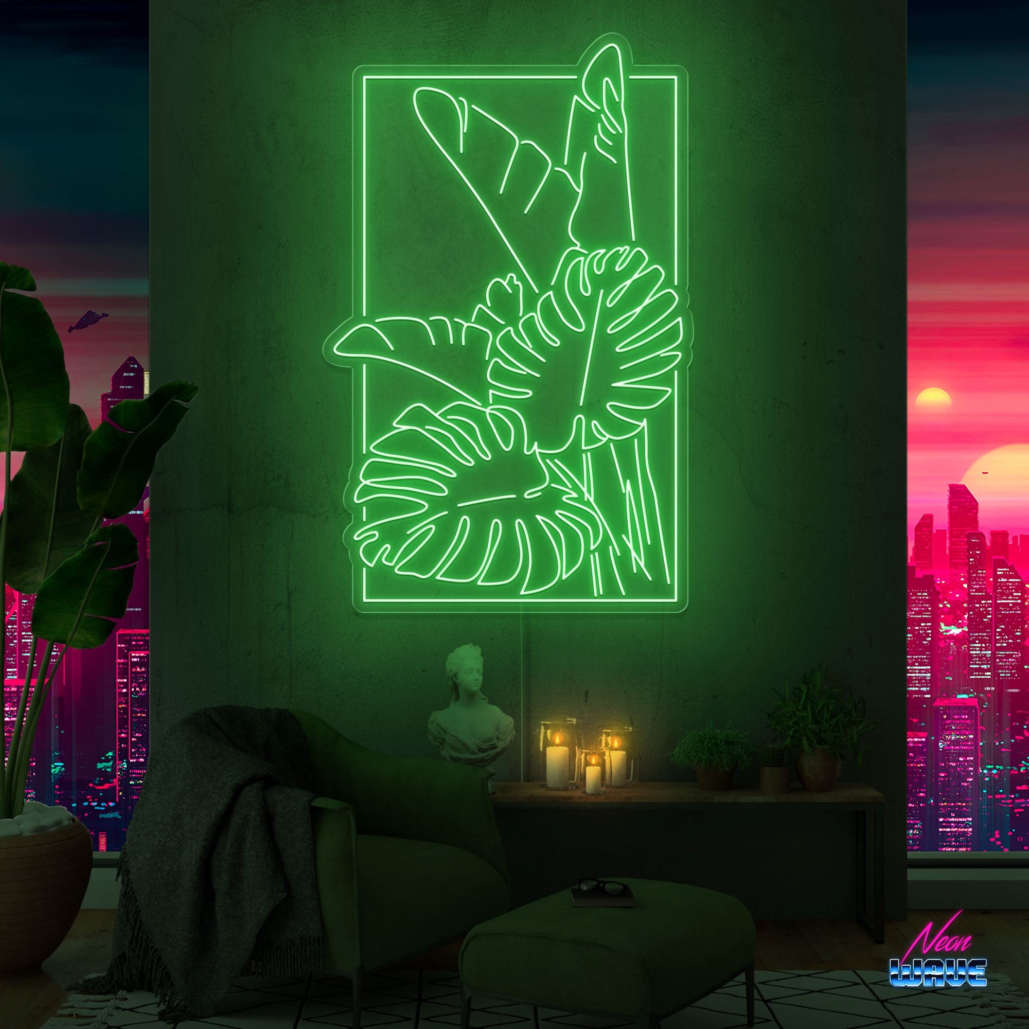 Monstera mit Rand Neon Sign Neonwave.ch 100 cm Grün 