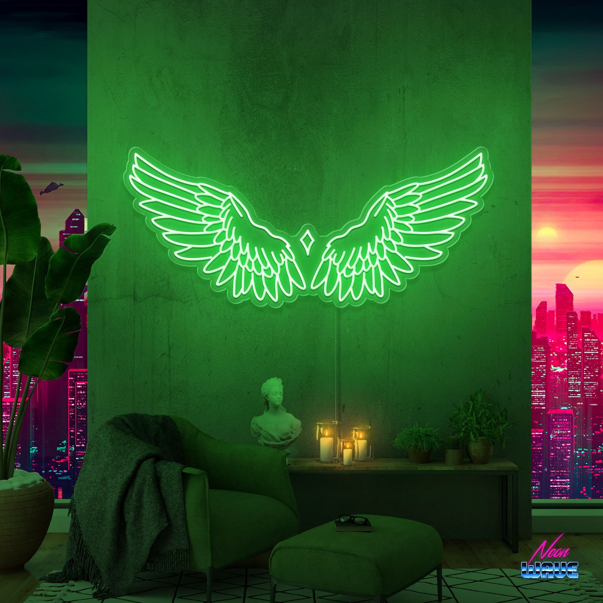 Wings Neon Sign Neonwave.ch 100 cm Grün 