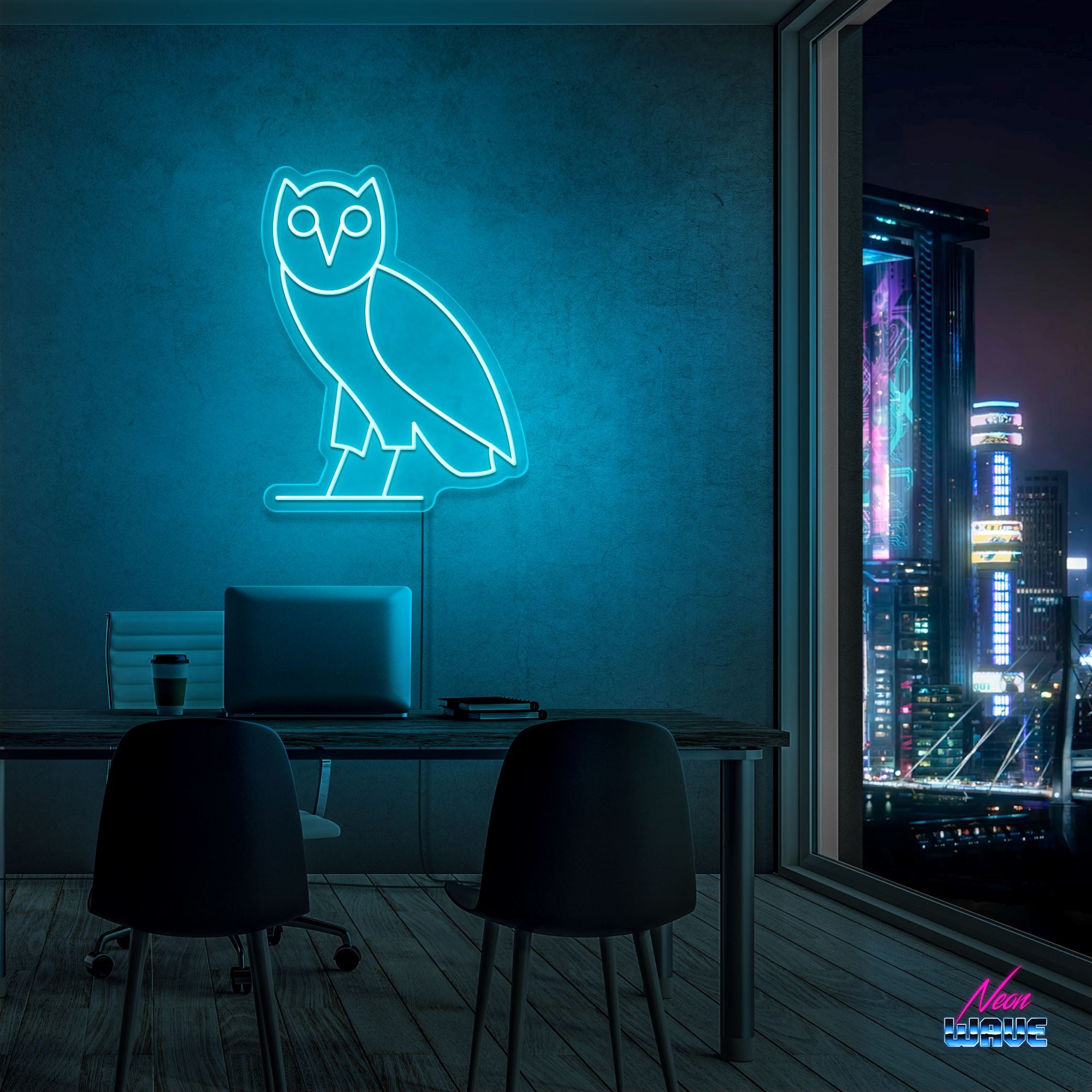 Ovo Owl by "Drake" Neon Sign Neonwave.ch 50cm Hellblau 