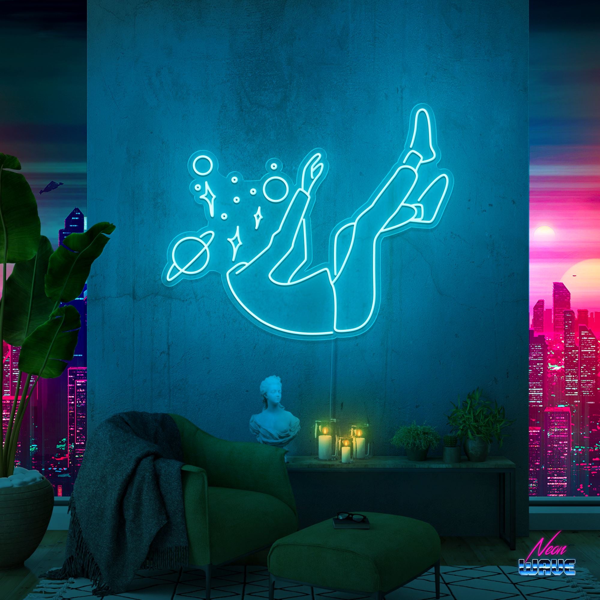Falling into Space Neon Sign Neonwave.ch 75cm Hellblau 