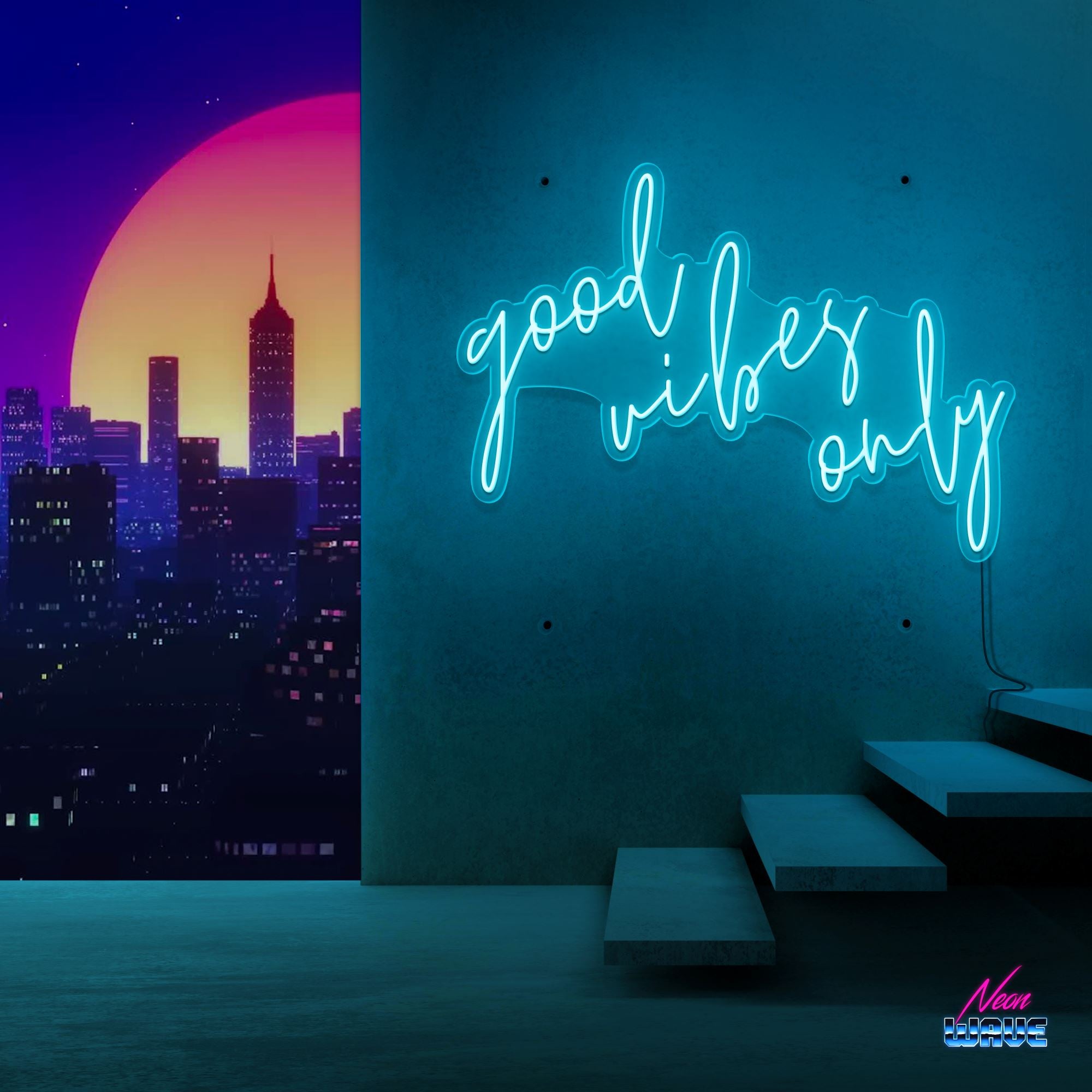 GOOD VIBES ONLY Neon Sign Neonwave.ch 75cm Hellblau 