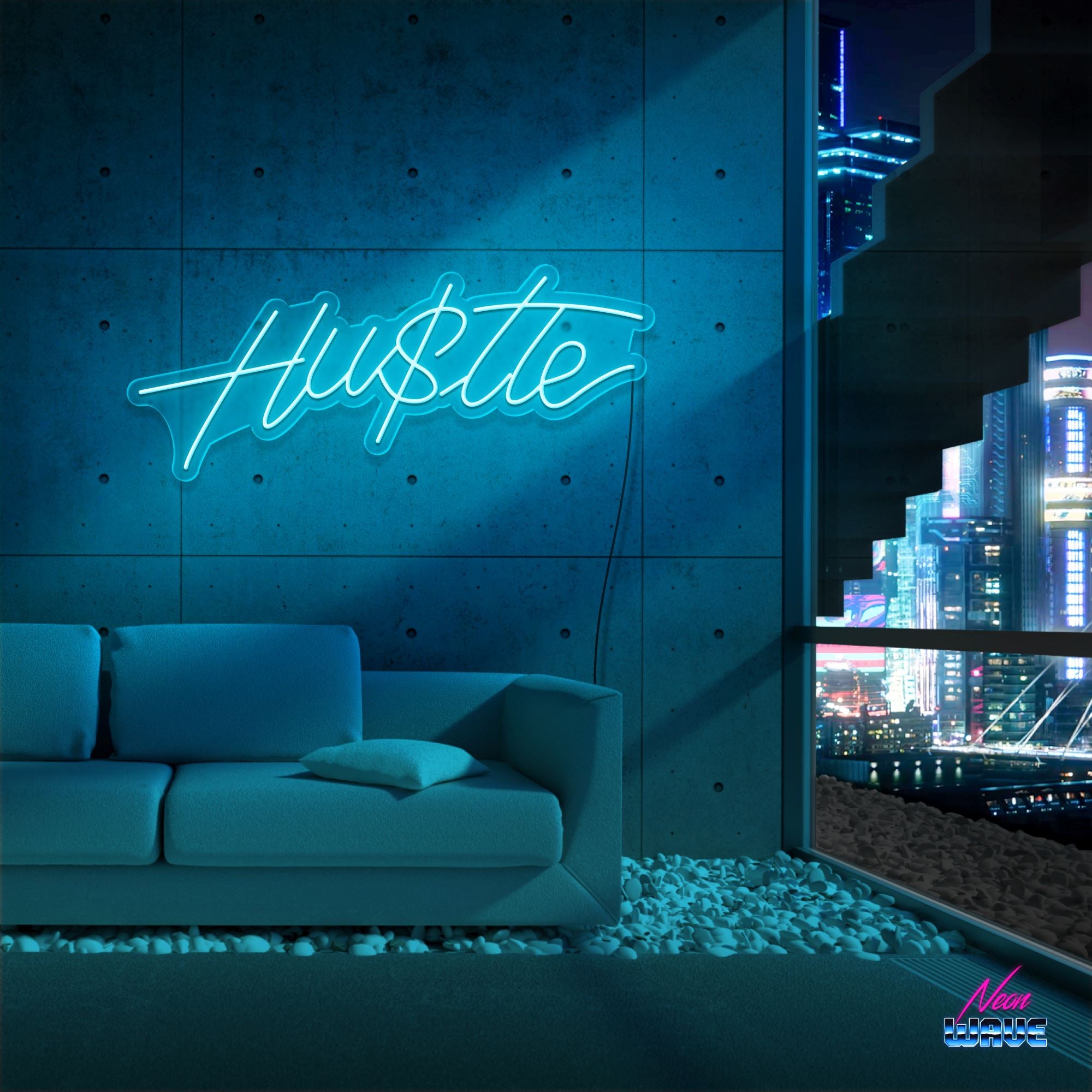 HUSTLE IS REAL Neon Sign Neonwave.ch 50cm Hellblau 