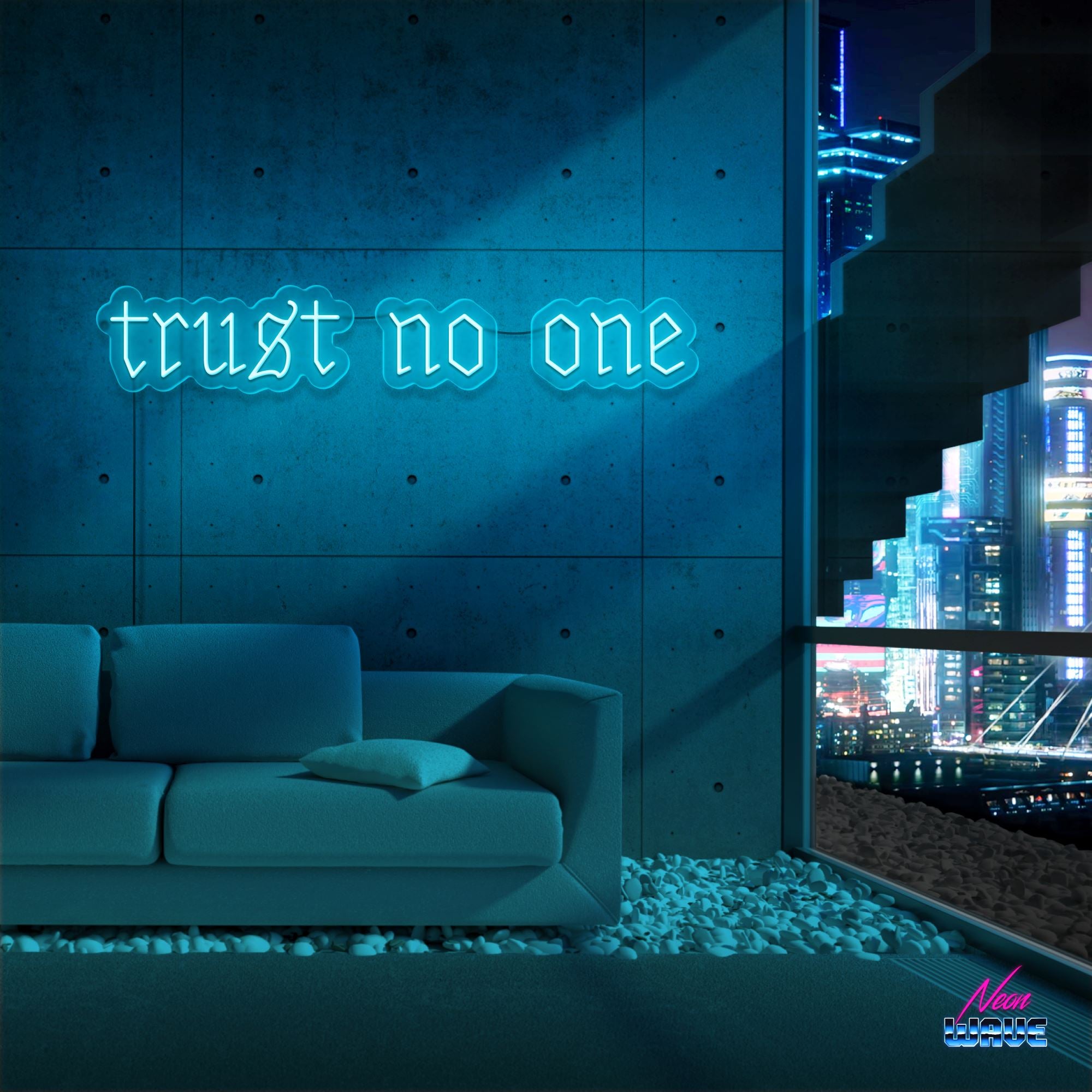 trust no one Neon Sign Neonwave.ch 50cm Hellblau 