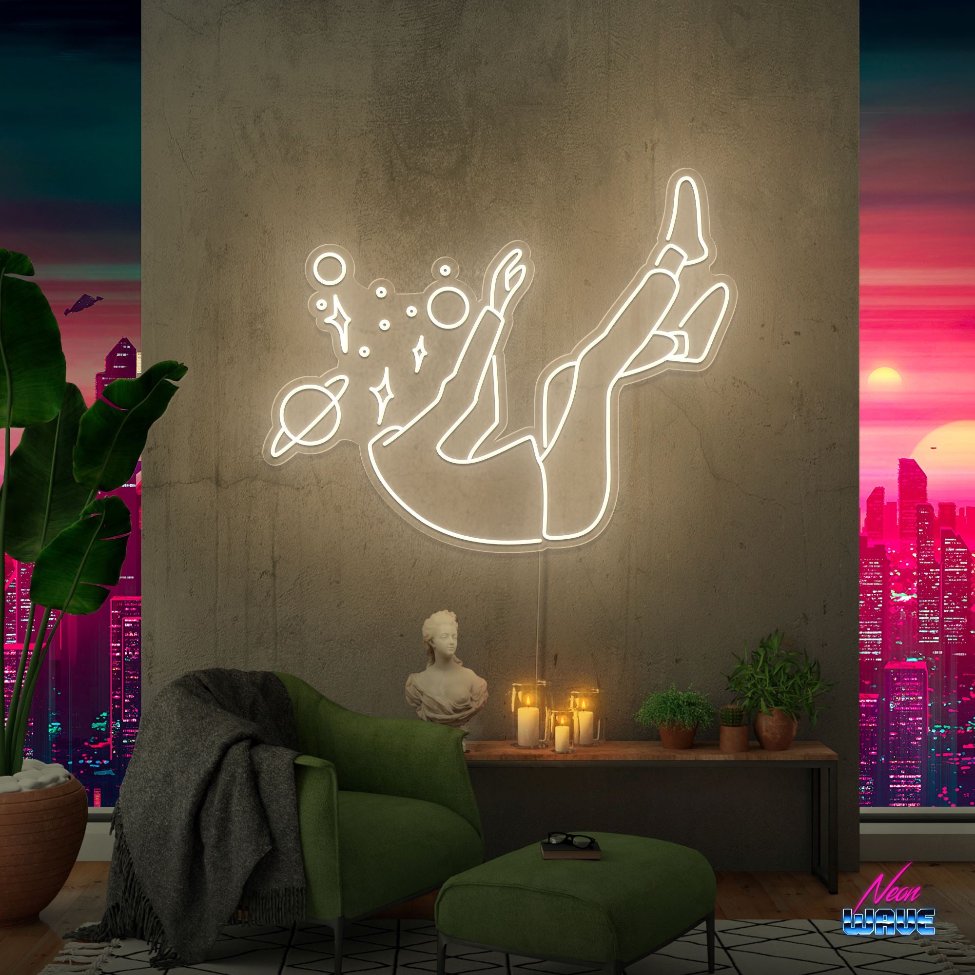 Falling into Space Neon Sign Neonwave.ch 75cm Warmweiss 