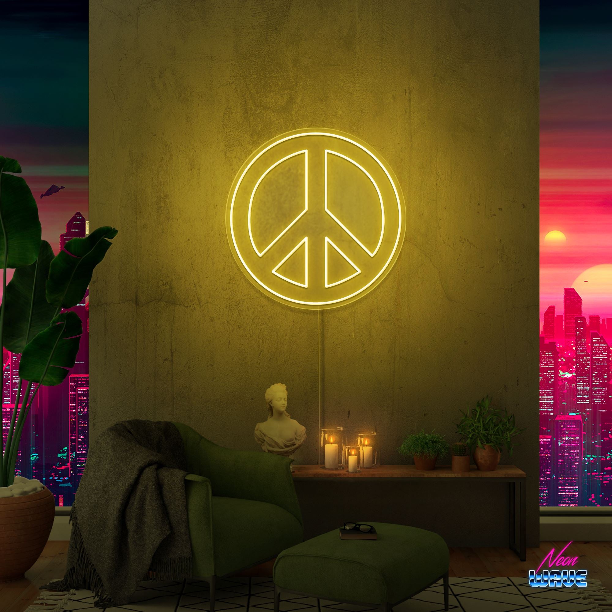 Peace Neon Sign Neonwave.ch 50 cm Gelb 